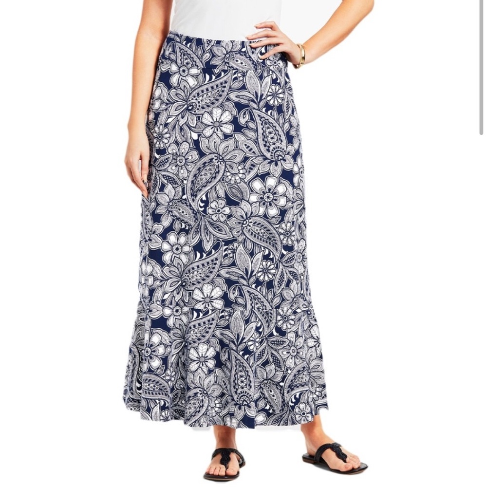 Talbots White and Blue Floral & Paisley Maxi Skirt